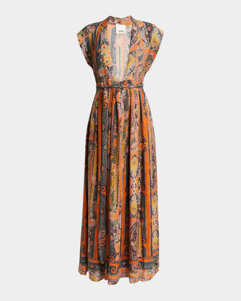Melissa Plunging Paisley Striped Silk Maxi Dress